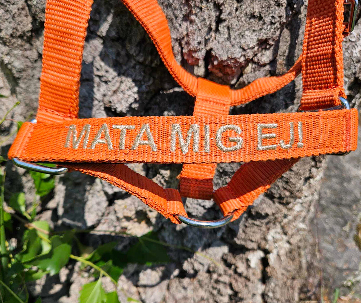 Halter with text "Mata mig ej"